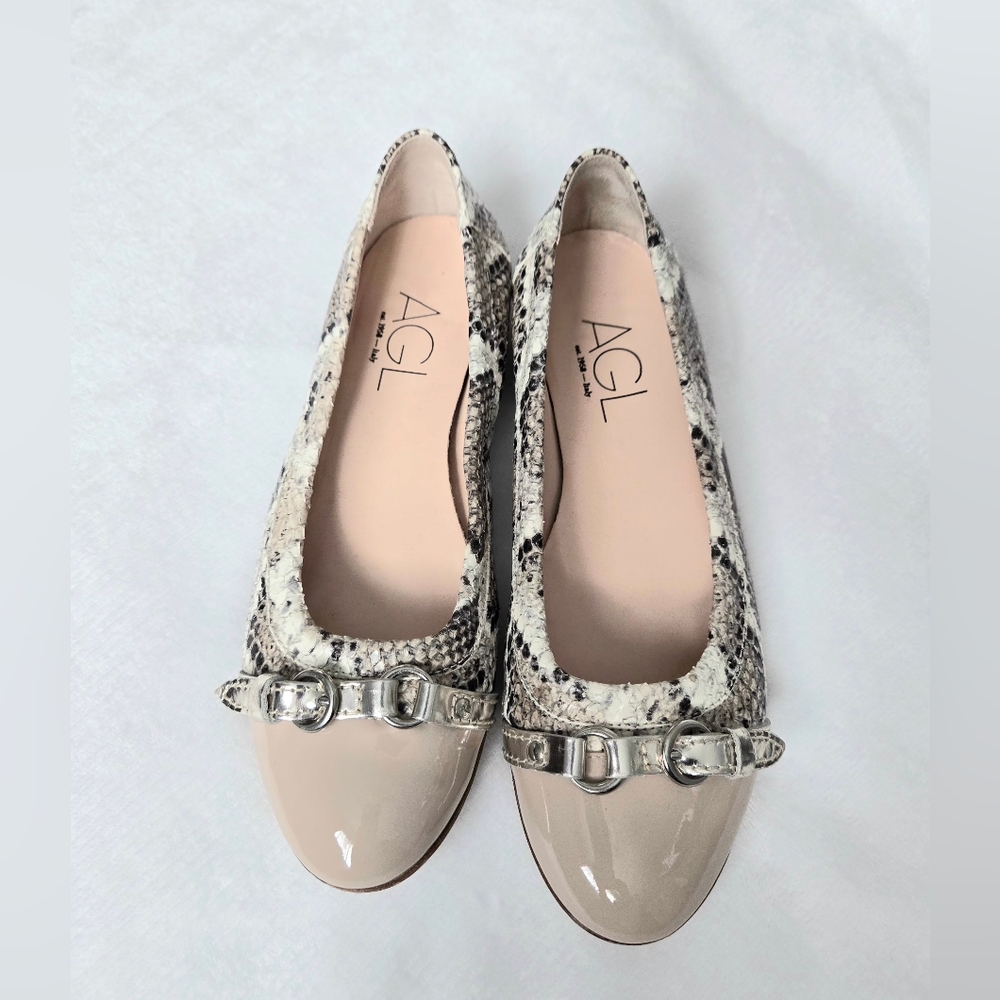 AGL Attilio Giusti Leombruni Snakeskin Cap Toe Buckle Ballet Flats - Size 6